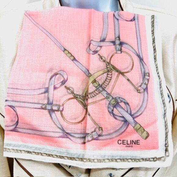 Unused Celine Paris Mini Scarf/Handkerchief Cotton 18" Pink White Gold chain(62 - Picture 3 of 6